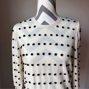 J.Crew 100% Merino Wool Pom Pom Sweater Large Cream Black Button Back 3/4 Sleeve